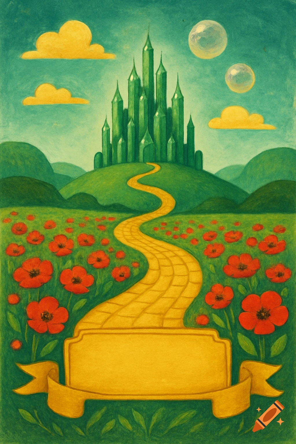 Whimsical storybook illustration of the Emerald City on a hill, with a yellow brick road winding through red poppies, under a teal sky.