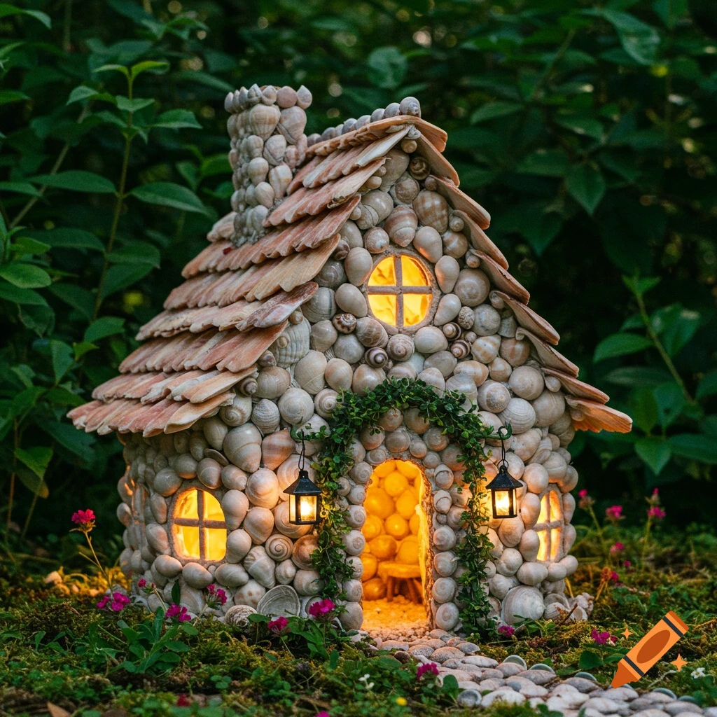 A whimsical miniature fairy house crafted entirely from shells, with glowing windows and an arched doorway, nestled in a lush green garden at dusk.