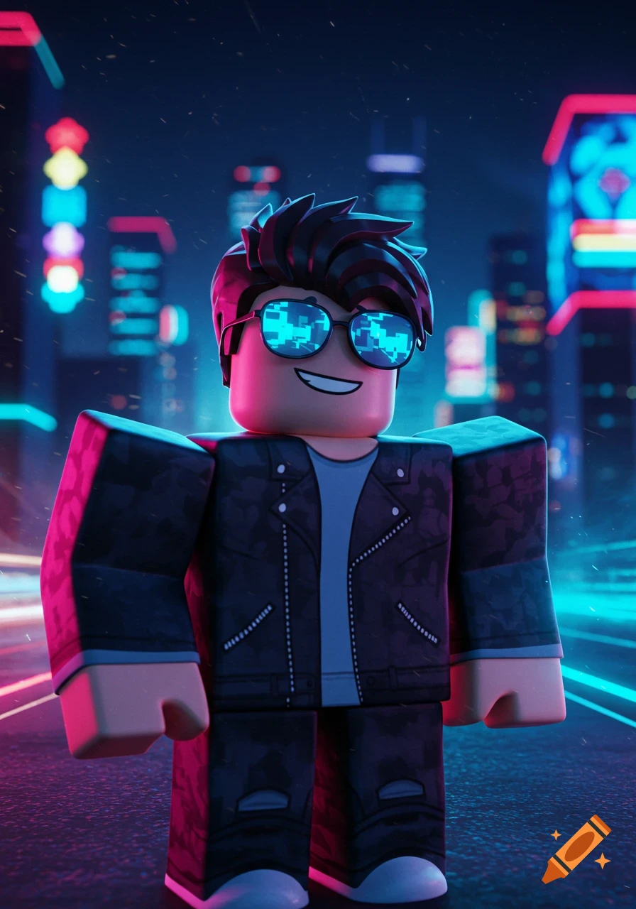 A smiling Roblox character with spiky hair and pixelated sunglasses in a vibrant neon cityscape.