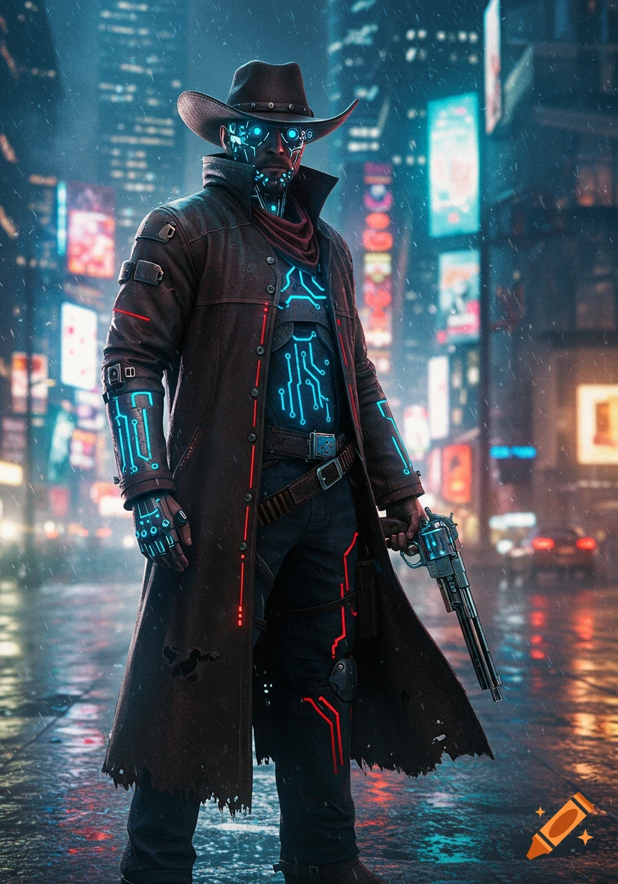 A cyberpunk cowboy with glowing blue circuit patterns on his face and chest stands in a rainy neon-lit city street, holding a revolver.