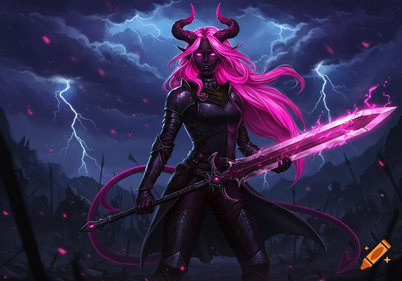 A female Tiefling warrior with dark skin, glowing pink eyes, pink hair, and pink-tipped horns, wearing black armor and holding a glowing pink sword, stands in a stormy, lightning-filled battleground.