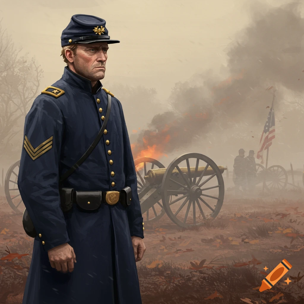 A solemn Union soldier in a blue uniform stands on a battlefield with cannons, smoke, and an American flag in the background.
