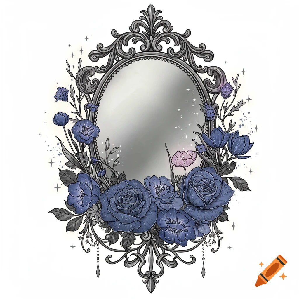 A vintage, ornate gothic mirror frame adorned with blue, purple, and pink flowers and sparkling fairy dust, in an illustrative style.