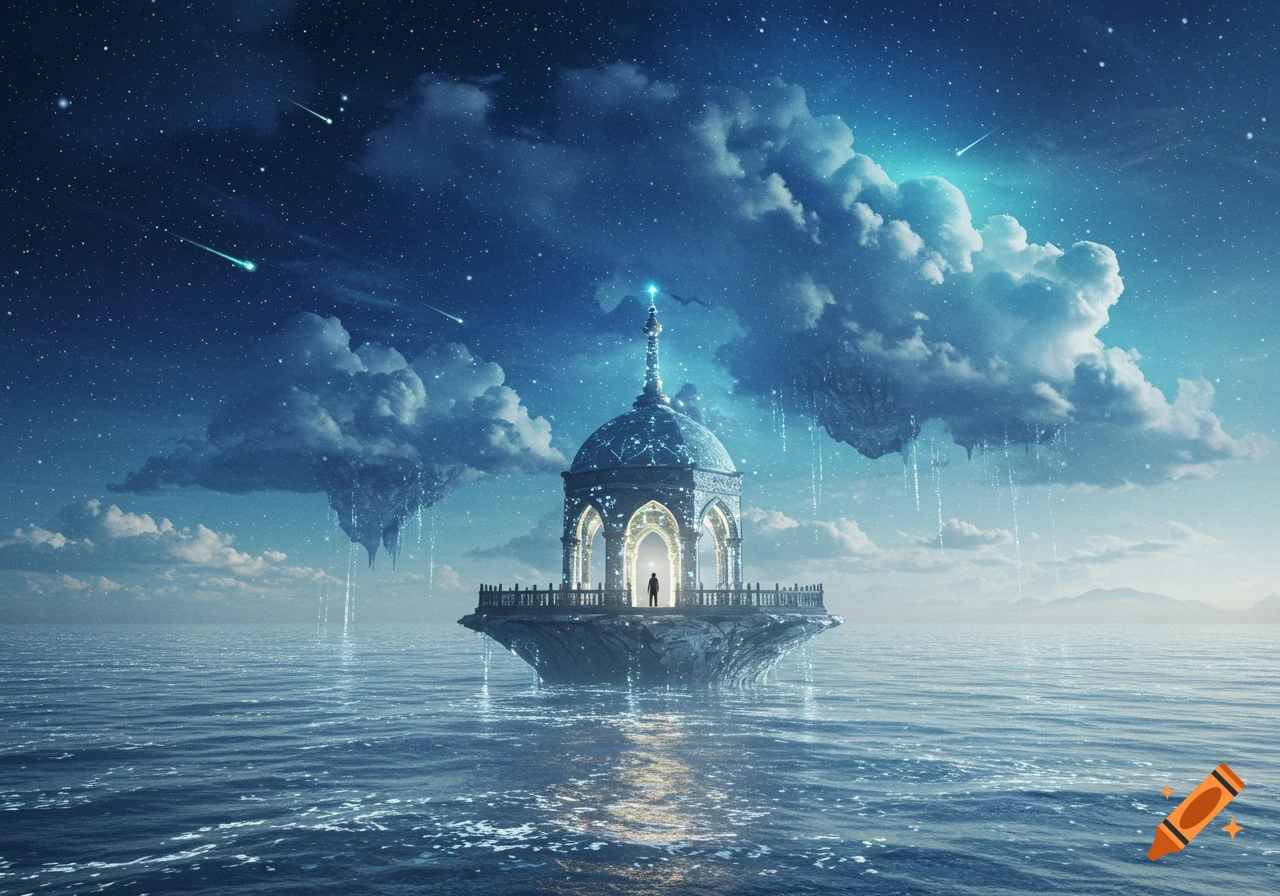 A glowing, ornate pavilion sits on a small island in a calm sea, under a dark starry sky with shooting stars and floating clouds.