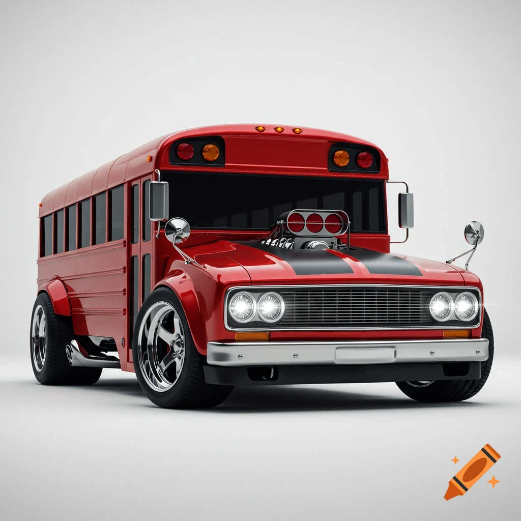 A photorealistic front-angle view of a customized red hot rod school bus with a large engine intake and chrome details.