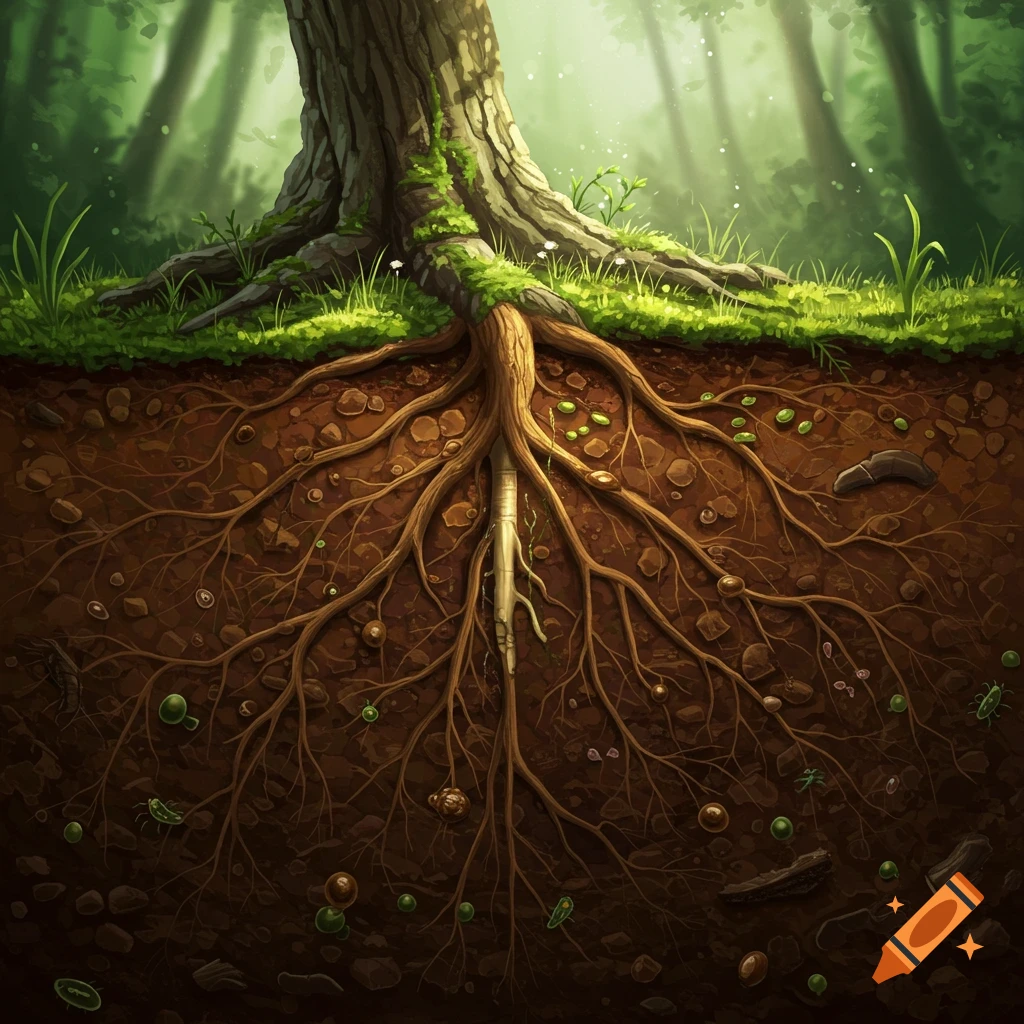 Detailed illustration of a tree's trunk above ground and its extensive root system in the soil below.