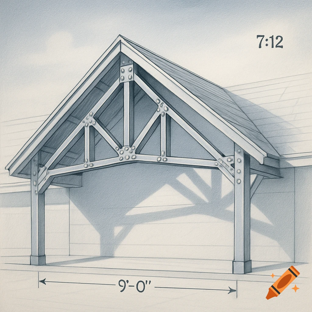 A pencil drawing of a Fink truss structure with a 7:12 pitch and a 9-foot span.