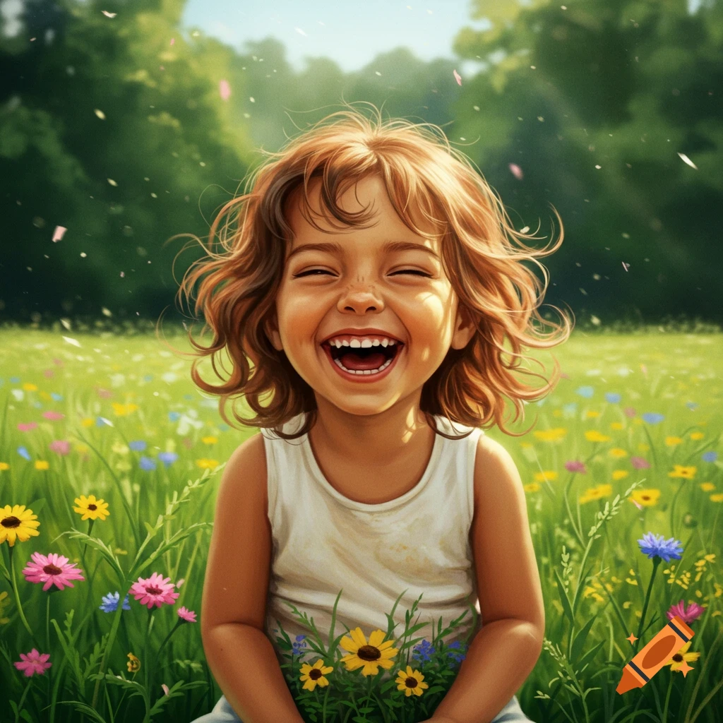 A happy child with curly brown hair laughs joyfully, sitting in a sunny field filled with colorful wildflowers and green grass.