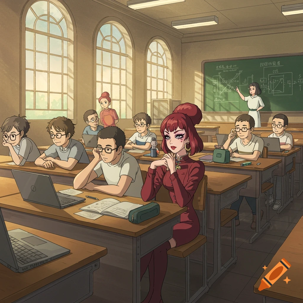 An anime-style classroom scene with a red-haired woman in a red dress seated among male engineering students, with a teacher at the blackboard in a Taiwanese college.