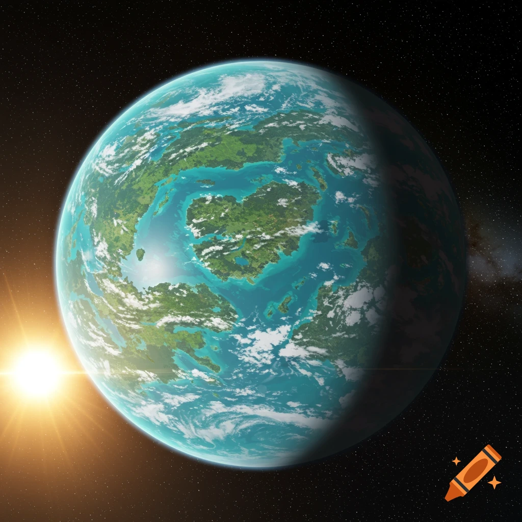 A vibrant blue and green planet with white clouds, illuminated by a bright sun from the lower left, seen from space against a starry backdrop.