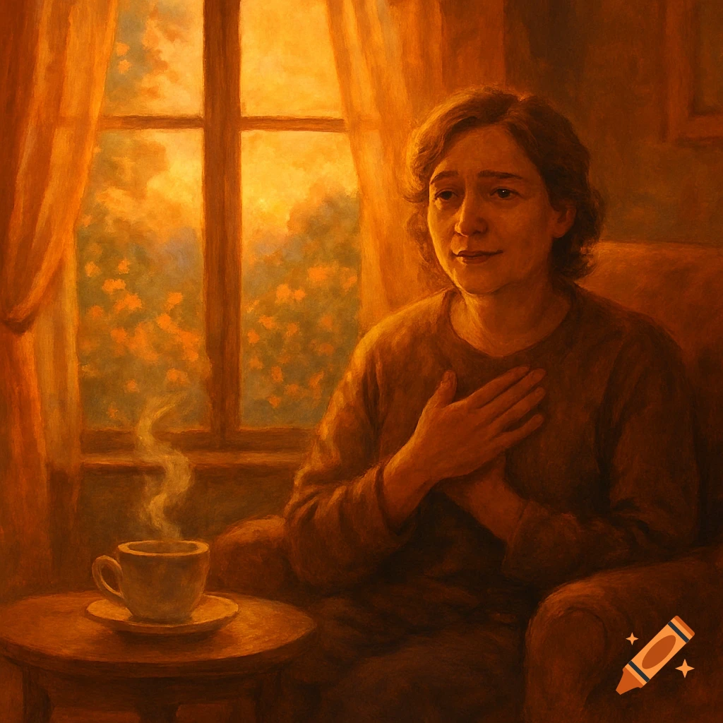 A woman with her hand on her chest sits by a window with a cup of steaming coffee in a warm, painterly style.