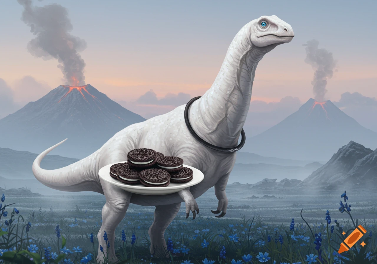 A white dinosaur wearing a black collar carries a plate of Oreo cookies in its arms, standing in a field of blue flowers with erupting volcanoes in the background at sunset.