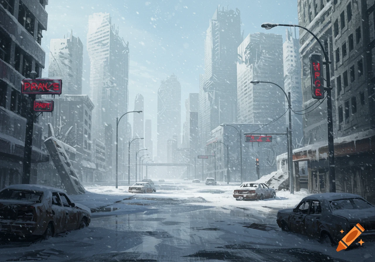A snowy, desolate cityscape with ruined buildings and abandoned cars on a street covered in snow and ice, under a pale sky.