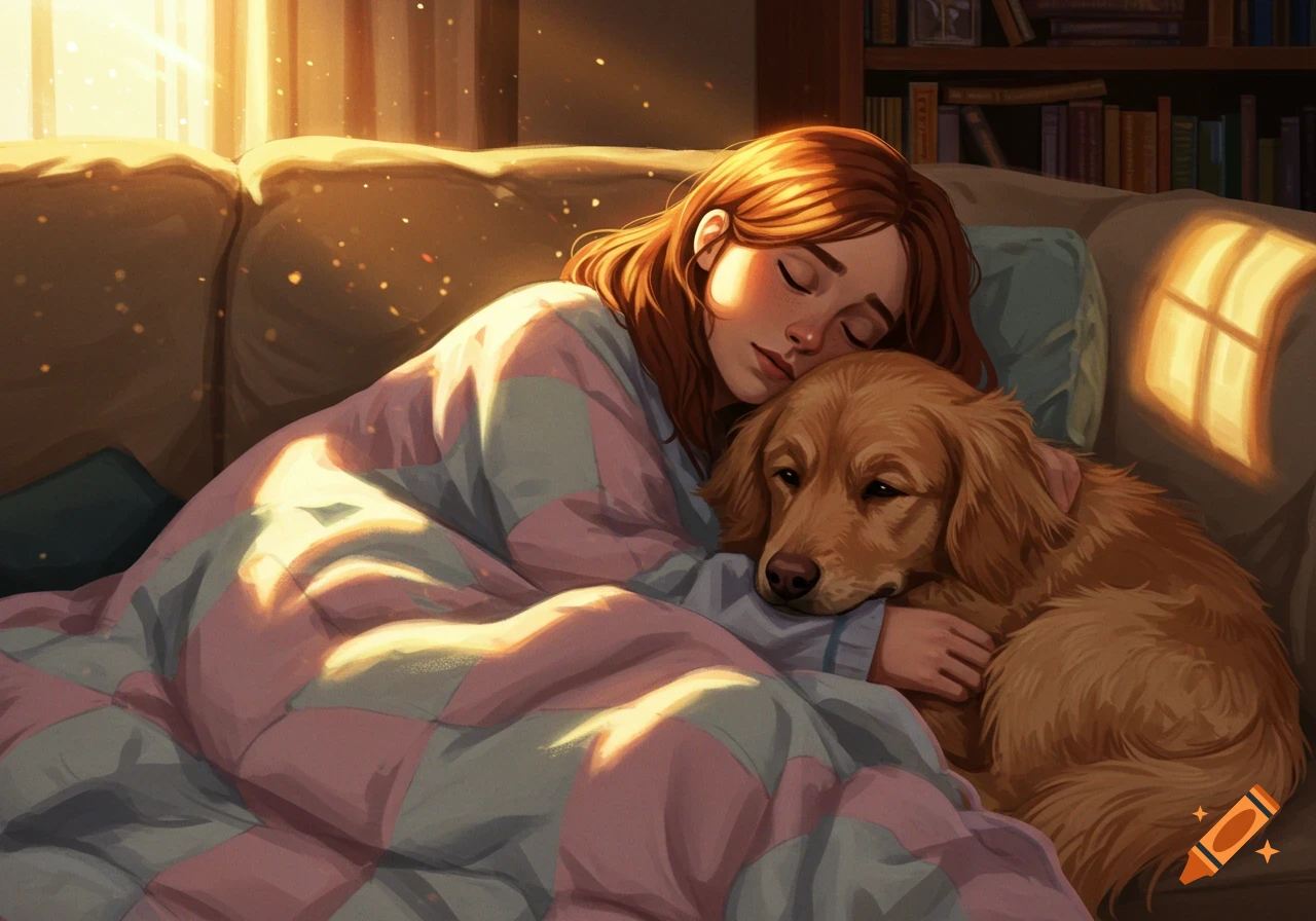 A young woman sleeps on a couch, hugging a golden retriever, bathed in warm sunlight. Illustrated style.