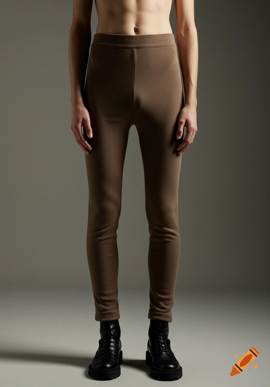 Person in brown leggings and black boots standing against a gray background.