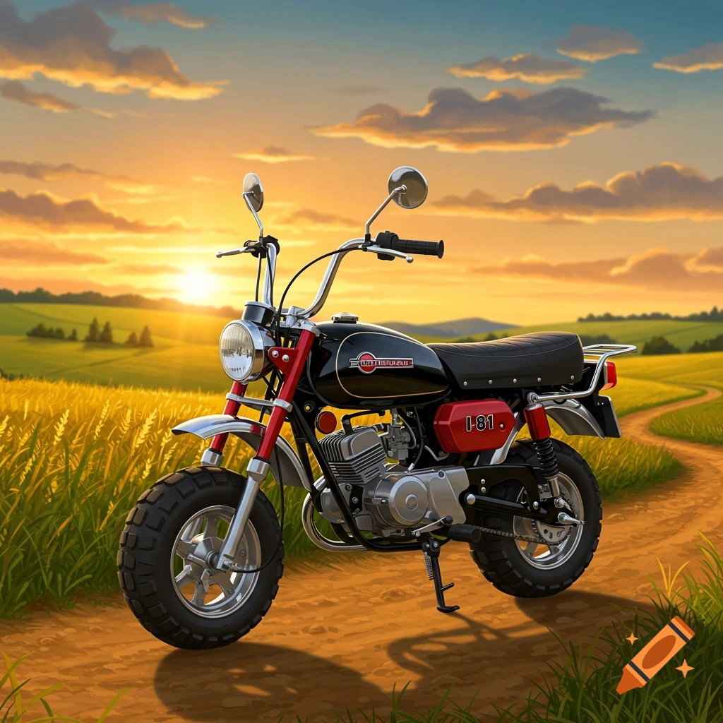 A red and black mini bike with chrome accents on a dirt path through a golden wheat field at sunset.