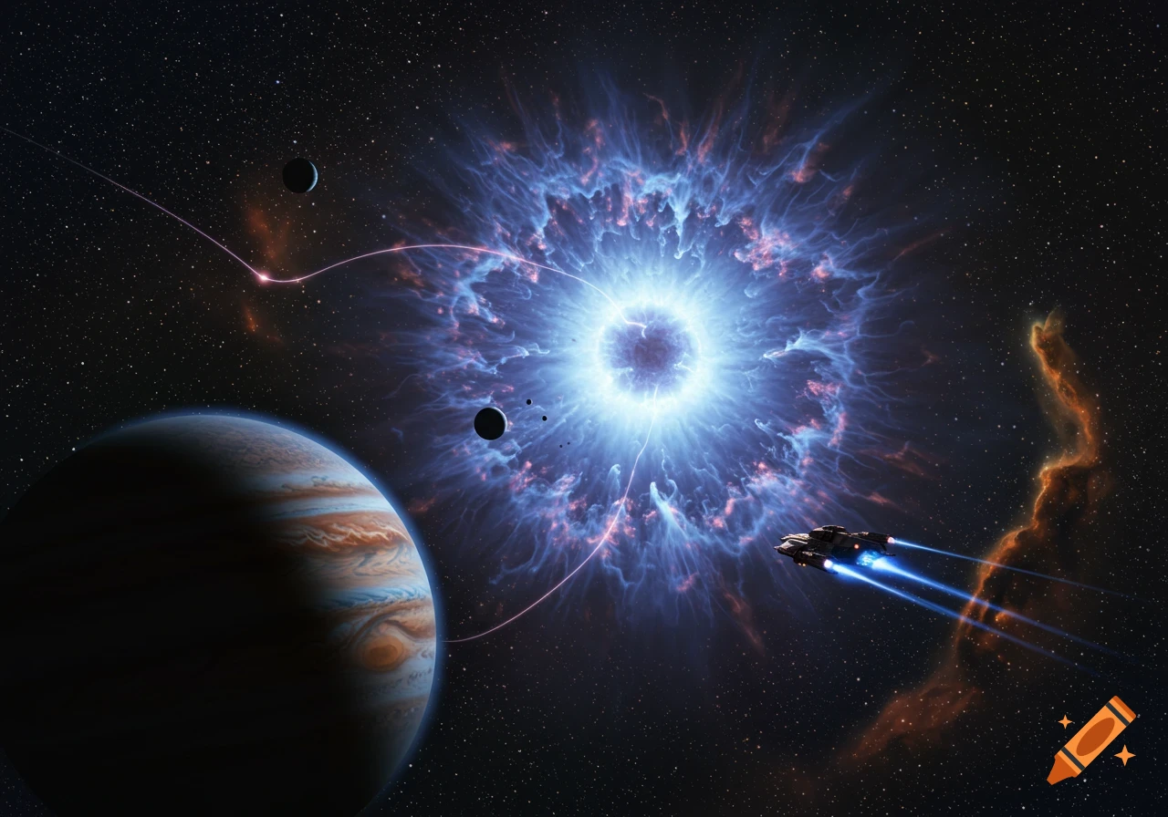A spacecraft flies past a large gas giant and moons towards a glowing blue cosmic anomaly in a starry sci-fi scene.
