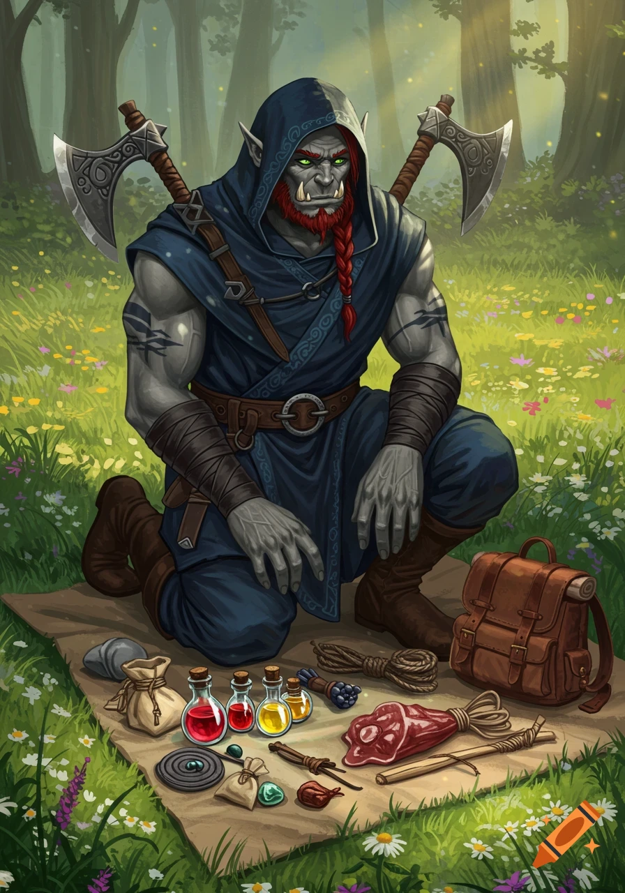 A gray orc in a blue hooded robe and red braided beard, with two axes, kneels in a forest clearing with supplies.