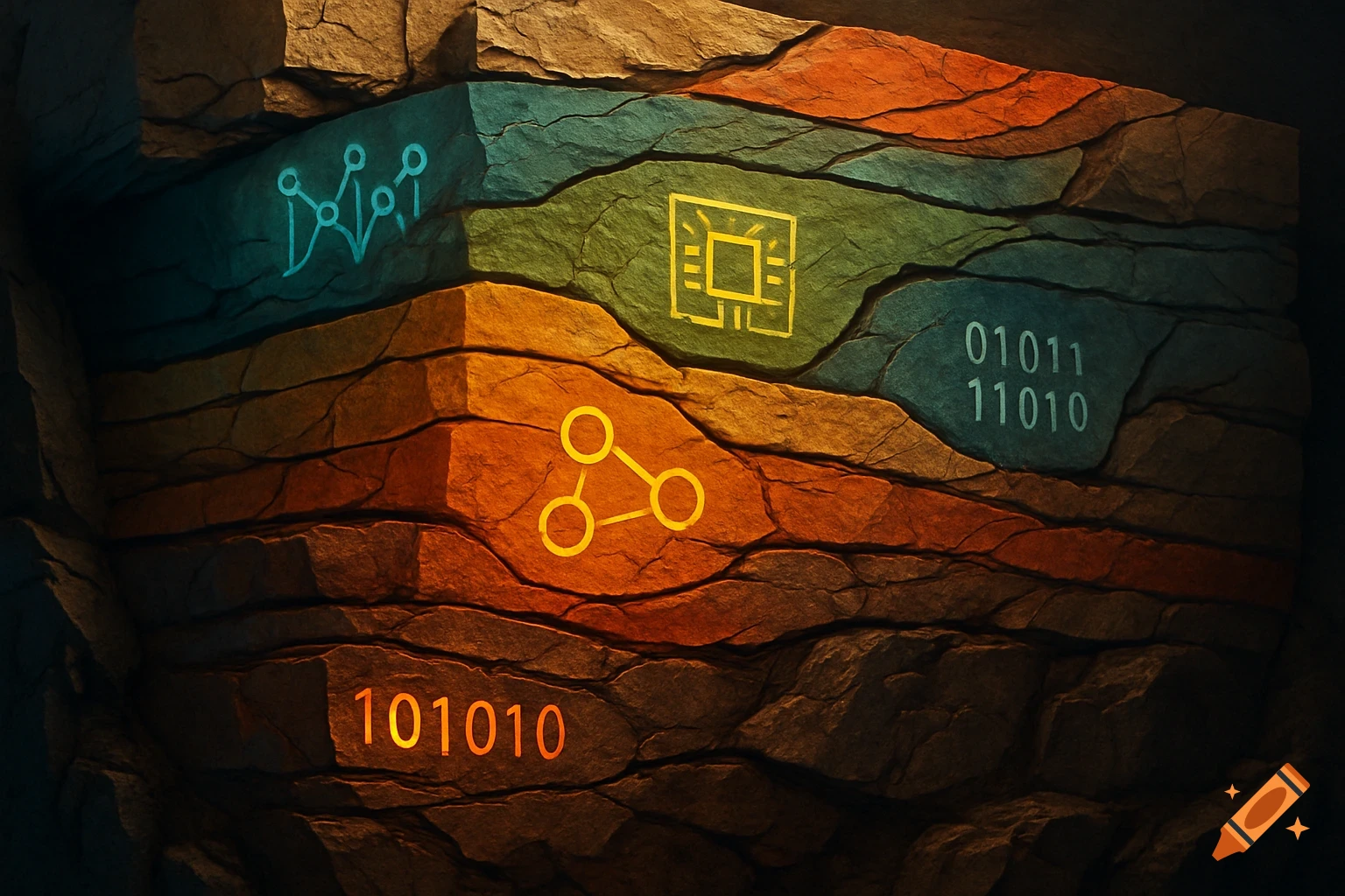 An illustration of rock strata with glowing data icons and binary code embedded in each colorful layer.