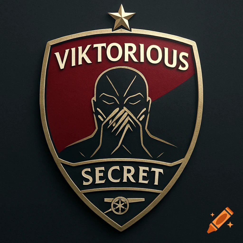 A gold and red shield logo with a star, featuring a stylized figure covering its mouth, and the words "VIKTORIOUS" and "SECRET" with an Arsenal-style cannon.