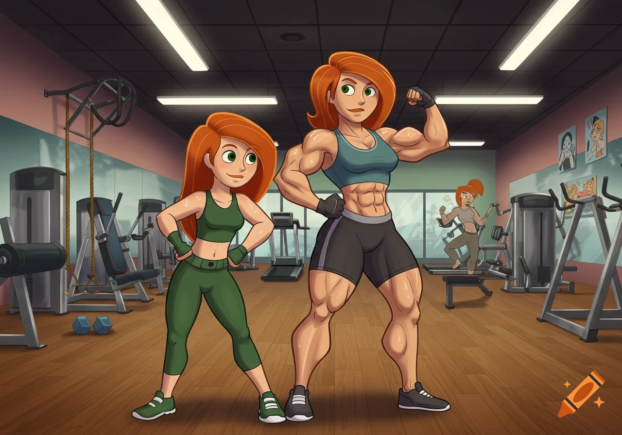 A cartoon of a muscular Kim Possible's mom flexing next to a younger, less muscular Kim Possible in a gym.