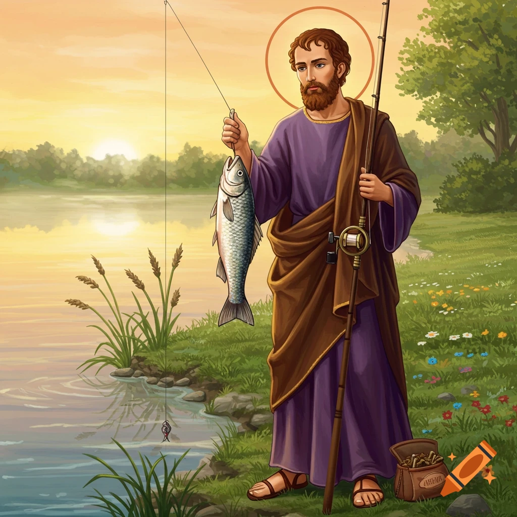 A man resembling Saint John, dressed in purple and brown robes, stands by a lake at sunset, holding a fishing rod and a freshly caught fish. The scene is rendered in an illustrative style.
