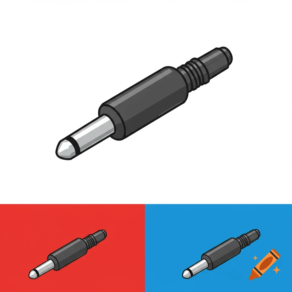 An isometric illustration of a black and silver audio jack plug, with smaller versions on red and blue backgrounds.