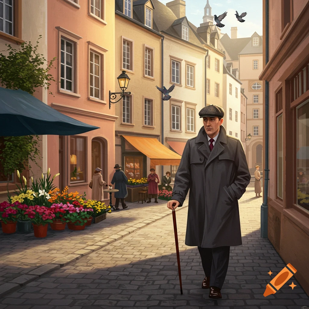 A man in a trench coat and flat cap walks down a cobblestone European street with shops and a flower stall, in an illustrated style.