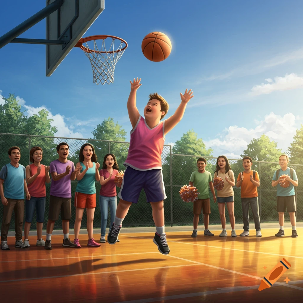 A young boy with Down syndrome jumps to shoot a basketball while other children watch and cheer on an outdoor court.