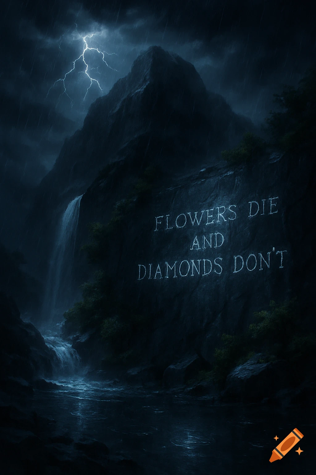 A dramatic, dark mountain landscape under a stormy sky with lightning, rain, and a waterfall. The quote 'FLOWERS DIE AND DIAMONDS DON'T' is carved into the mountain.