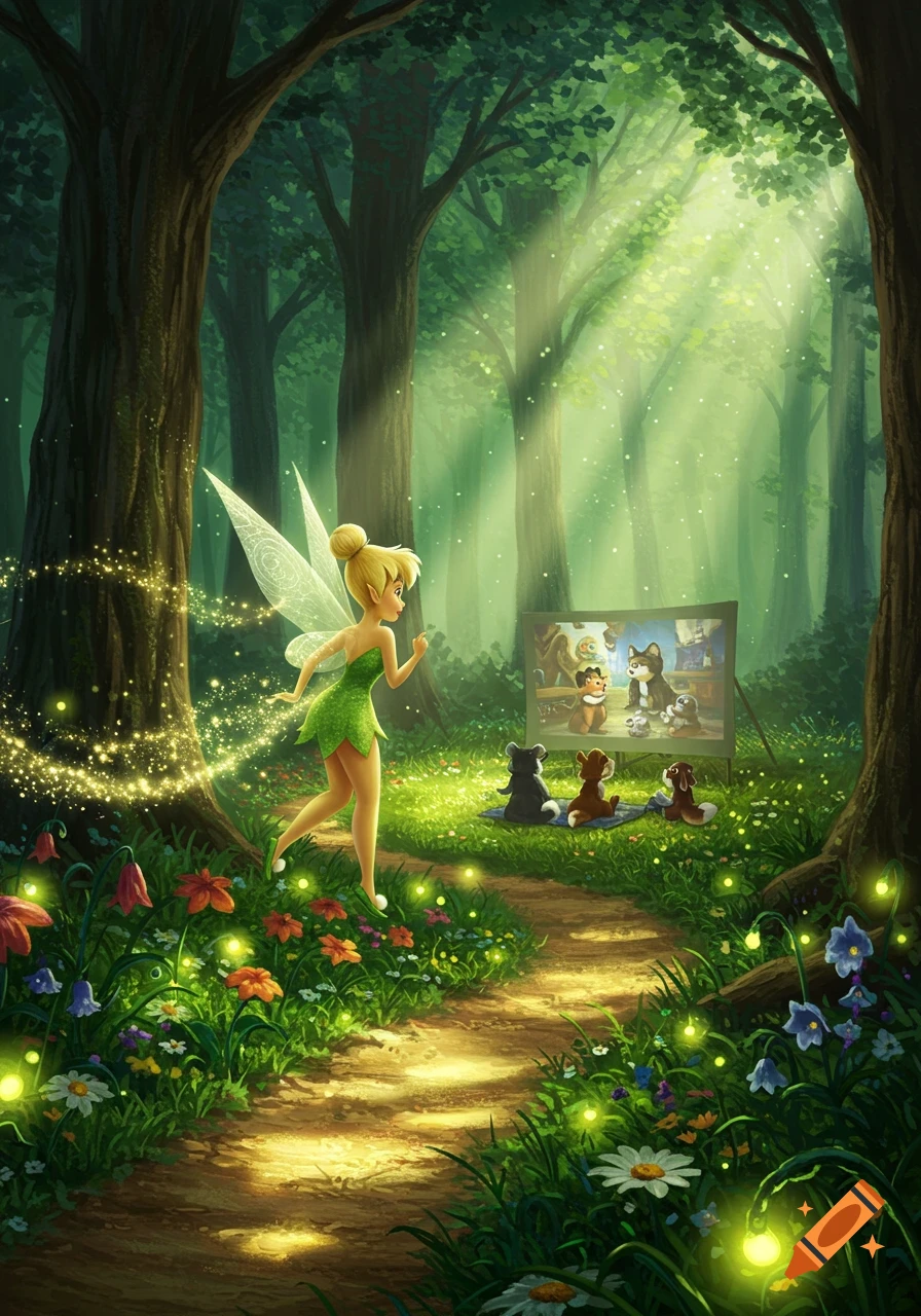 Tinker Bell in an enchanted forest, leaving a trail of pixie dust, approaches plush animals watching a movie on a screen.