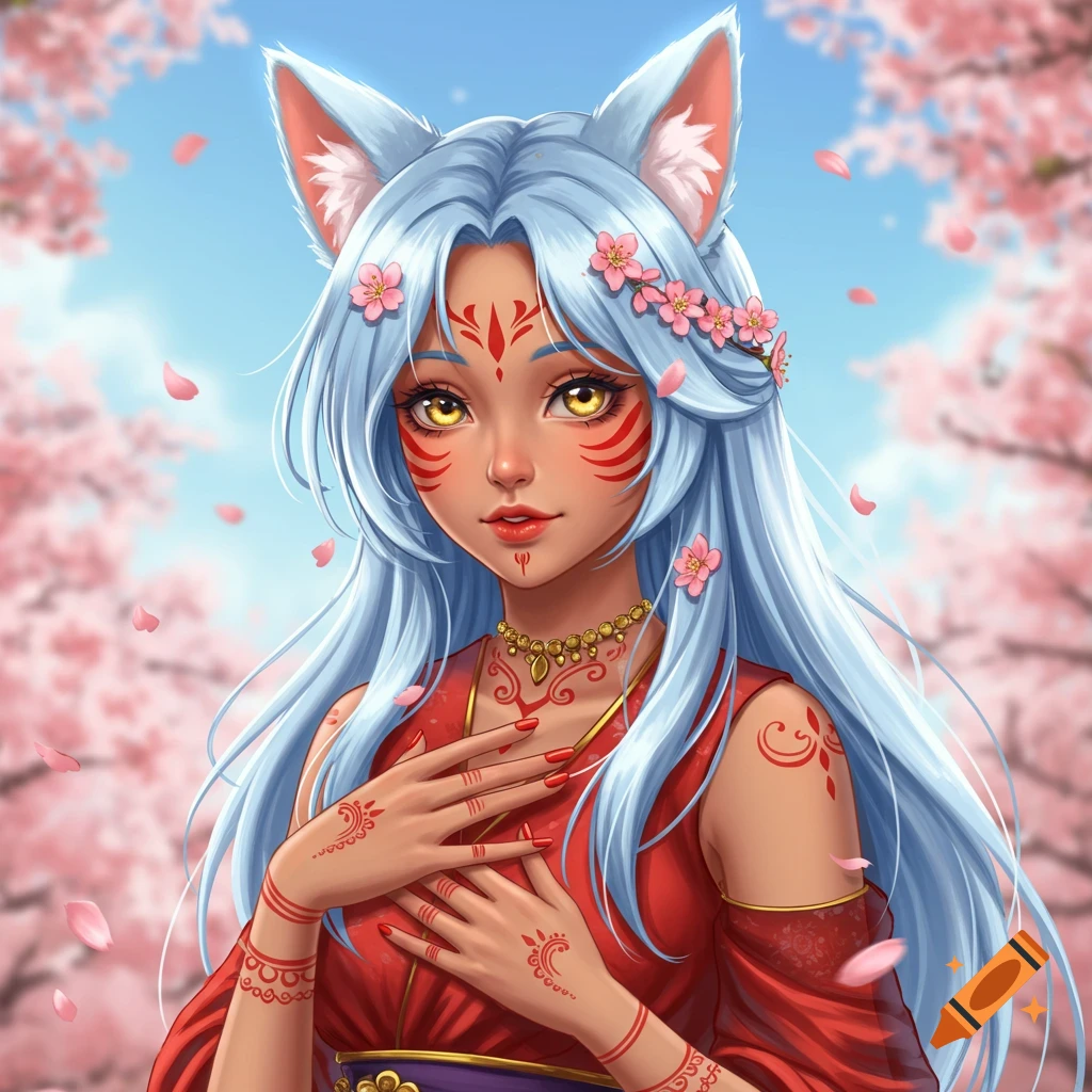 Anime girl with light blue hair, fox ears, golden eyes, and red henna markings, wearing a red Indian goddess outfit, against a cherry blossom background.