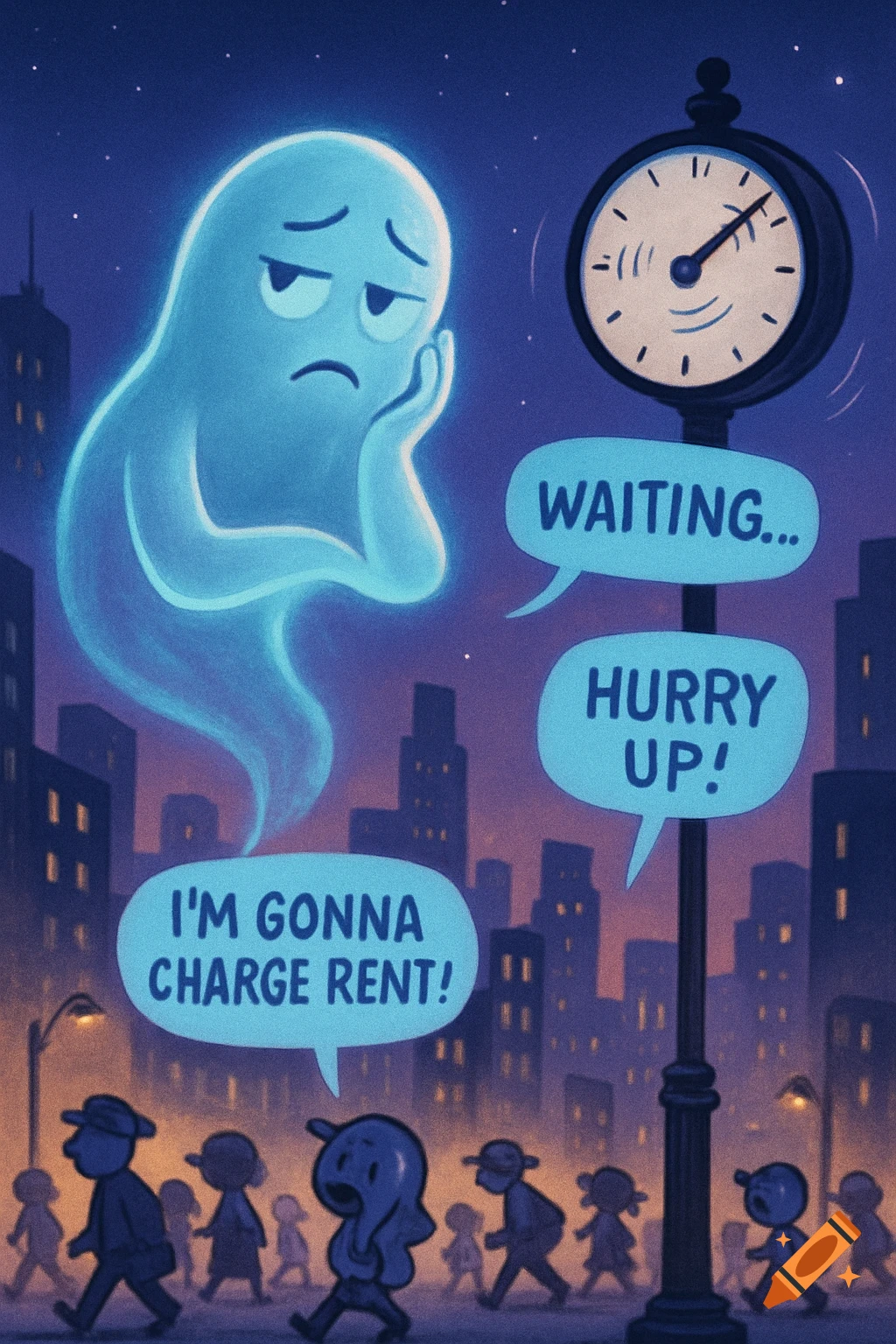 A sad, light-blue ghost floats above a busy city street at night, next to a street clock. Speech bubbles say "WAITING...", "HURRY UP!", and "I'M GONNA CHARGE RENT!".