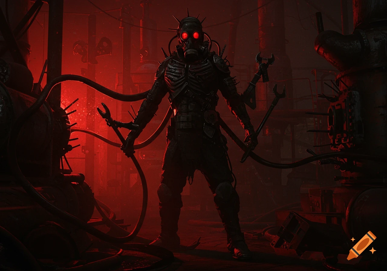 A terrifying cyborg creature in a gas mask with glowing red eyes stands in a dark, red-lit industrial setting, holding tools.