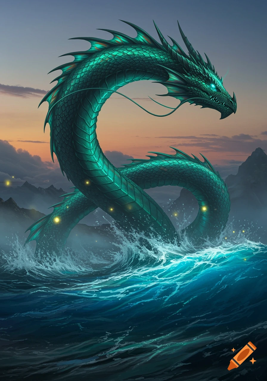 A majestic green sea dragon with glowing eyes emerges from rough ocean waves against a sunset sky and mountains.