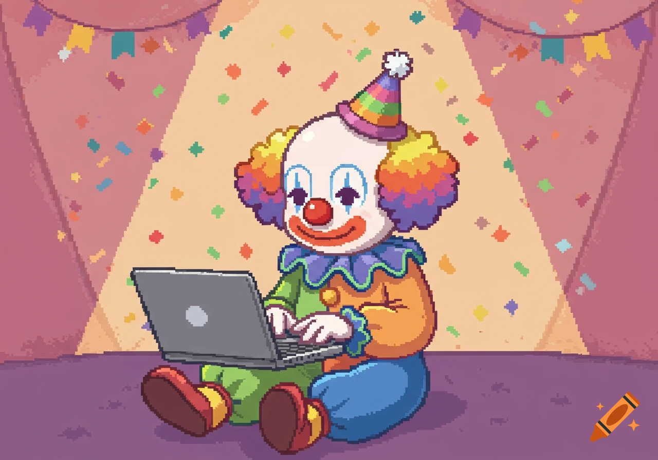 A cute pixel art clown with a rainbow wig and party hat sits on the floor, typing on a laptop, with confetti around.