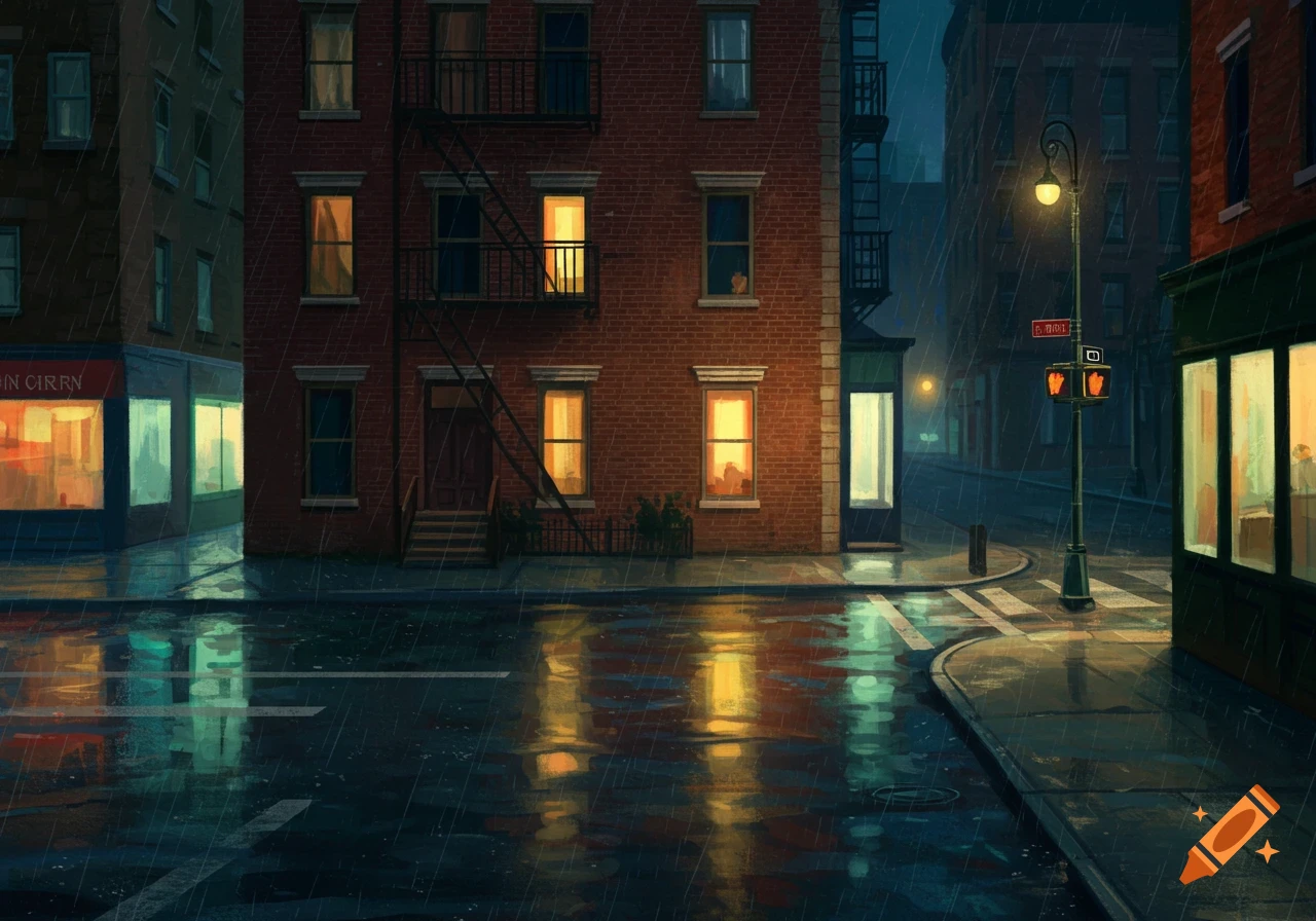 A rainy night city street scene with a brick apartment building, glowing windows, and reflections on wet asphalt in an illustrated style.