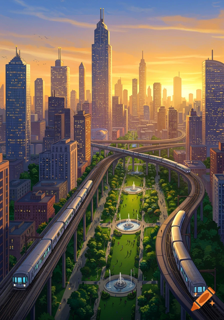 A vibrant, stylized cityscape at sunset with tall buildings, elevated trains, and a long park with fountains and trees.