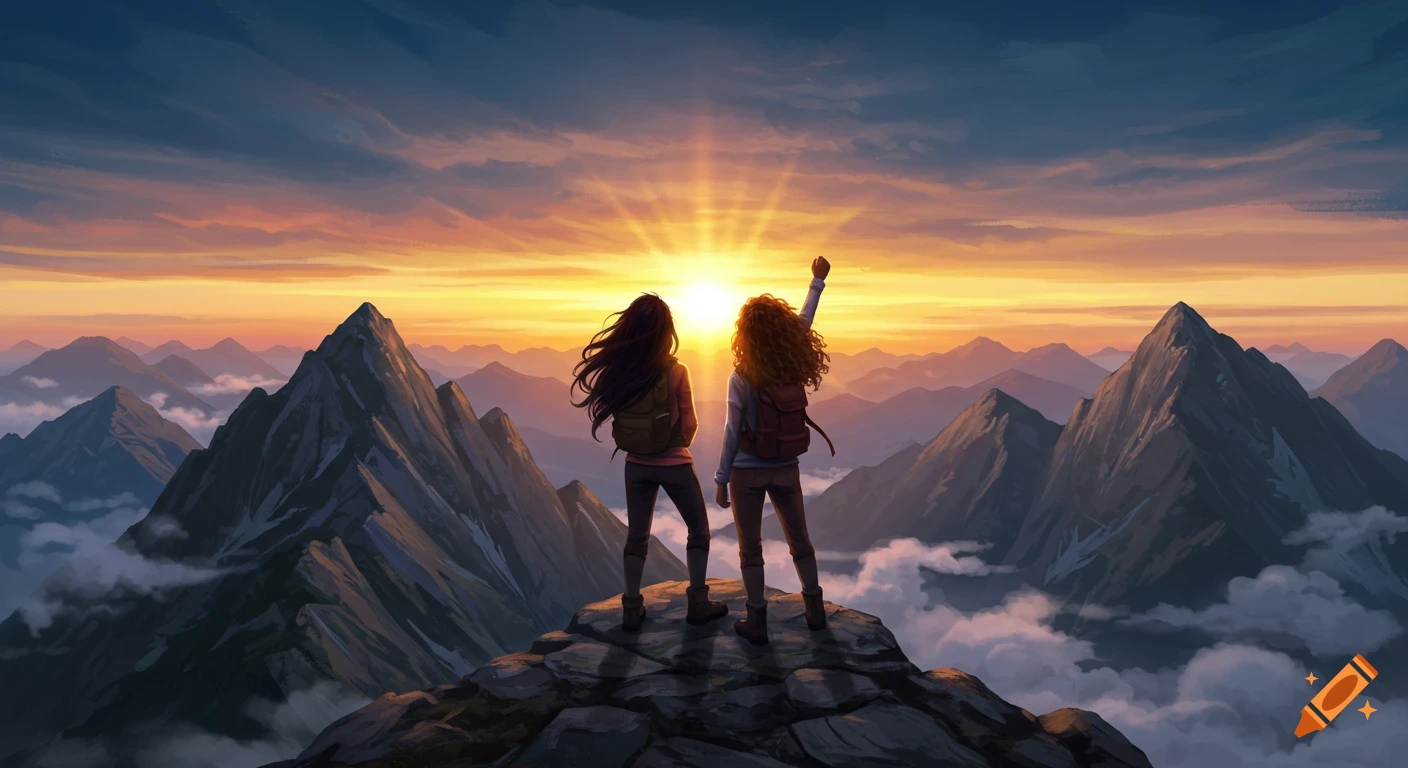 Two women with backpacks stand on a mountain peak at sunrise, overlooking a range of mountains and clouds. Digital art.