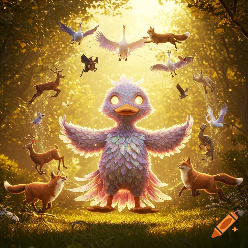 A glowing, feathered duck-like creature in a magical sunlit forest, surrounded by various animals like deer, foxes, and birds.