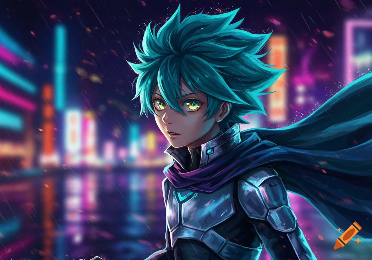 An anime character with teal spiky hair and glowing yellow eyes, wearing dark armor and a cape, stands in a neon-lit city at night.