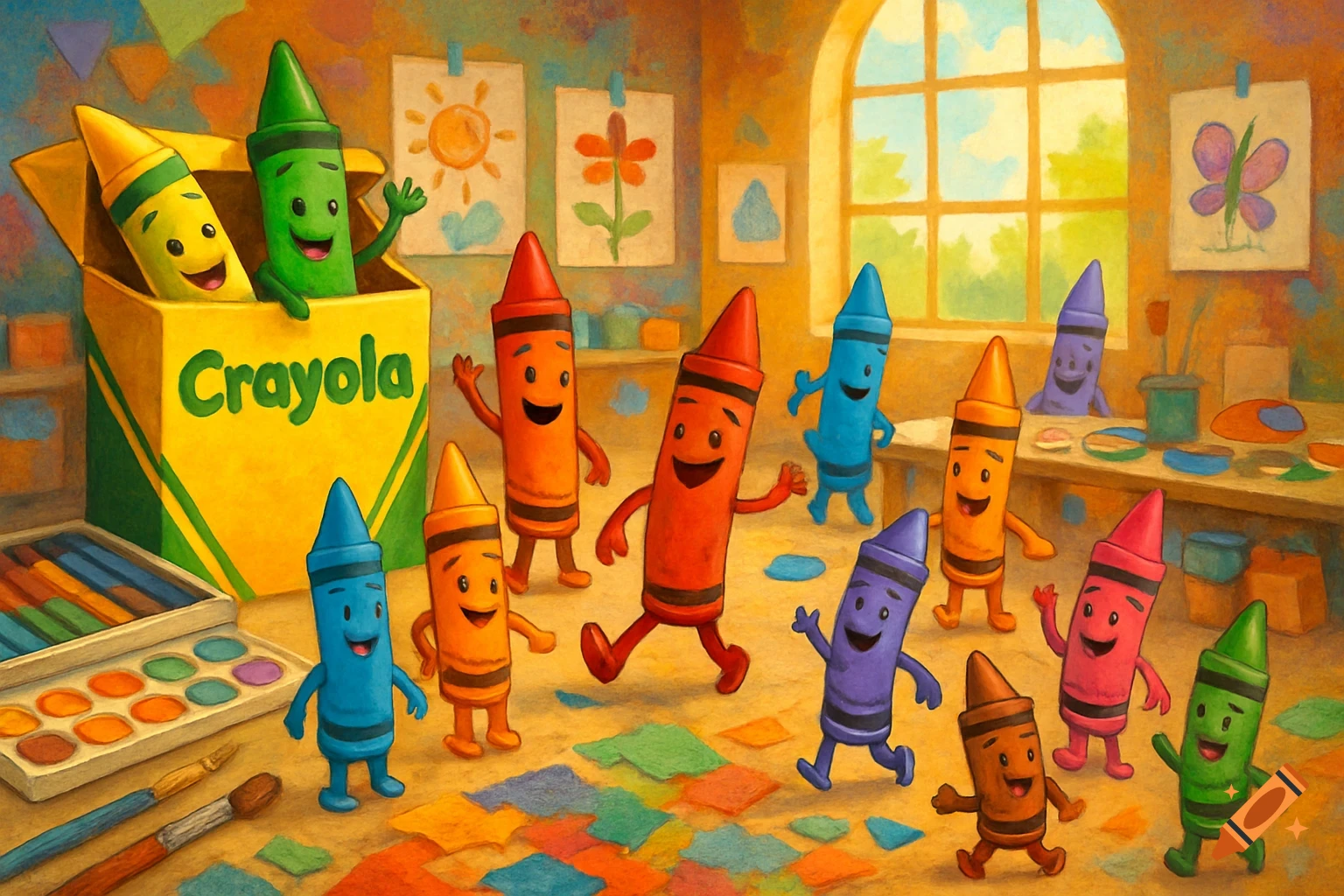 Colorful, playful illustration of anthropomorphic Crayola crayons in an art room, some in a box, others walking and interacting.