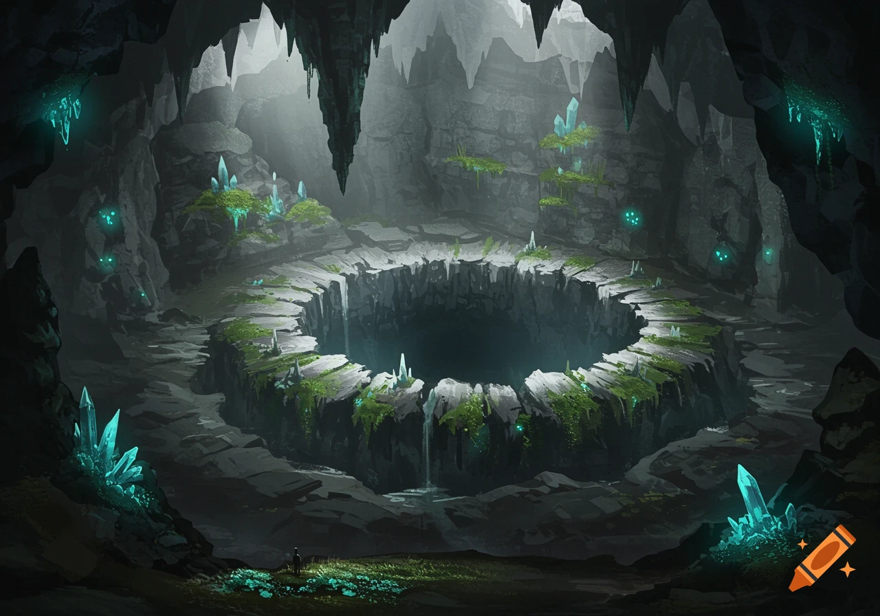 A fantasy art rendering of a large cave with a circular sinkhole, glowing turquoise crystals, and luminous moss.