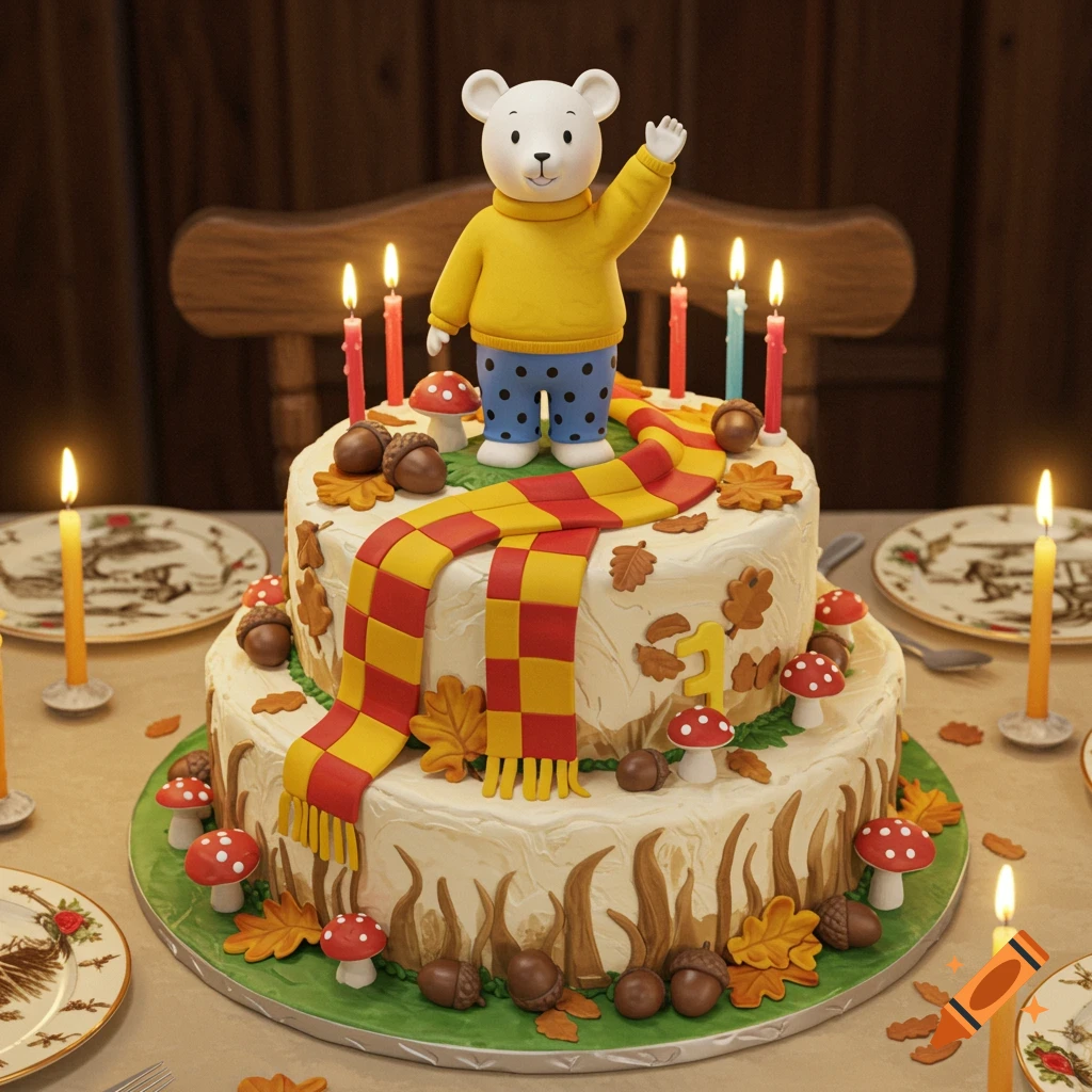 A two-tiered birthday cake with a white bear figurine in a yellow sweater and blue polka-dotted pants waving on top. The cake is decorated with a red and yellow checkered scarf, autumn leaves, acorns, mushrooms, and lit candles.