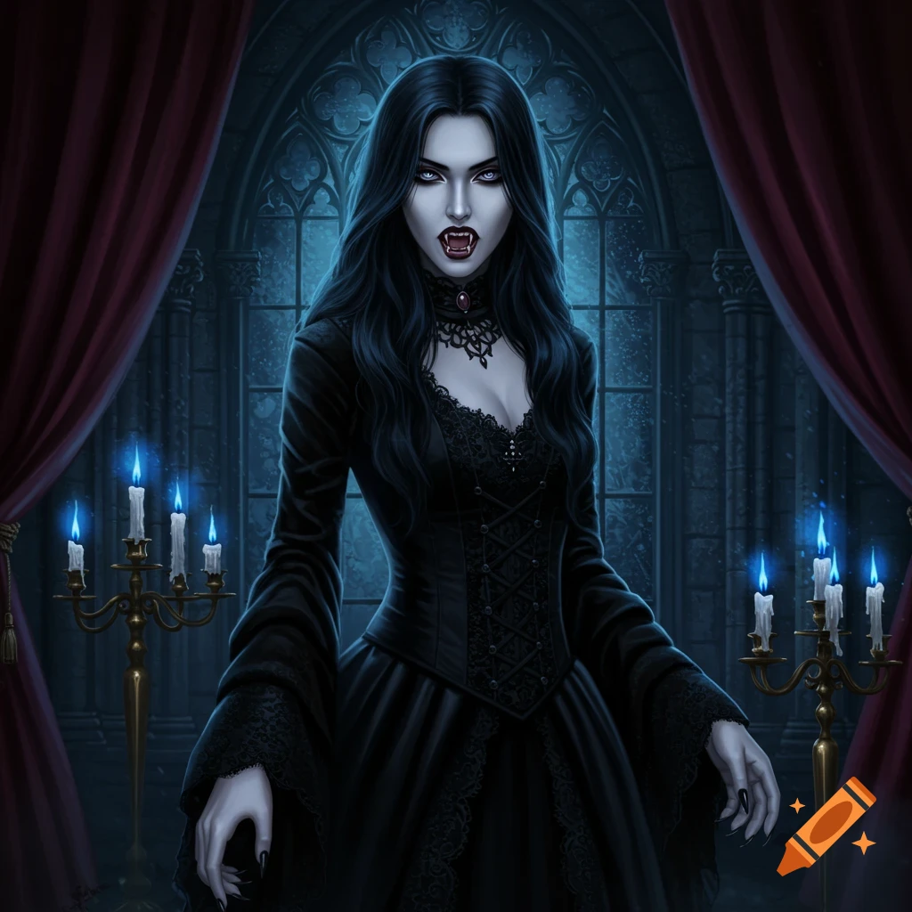 A gothic vampire woman with long black hair, pale skin, and fangs, standing in a dark, ornate castle room with glowing blue candles.