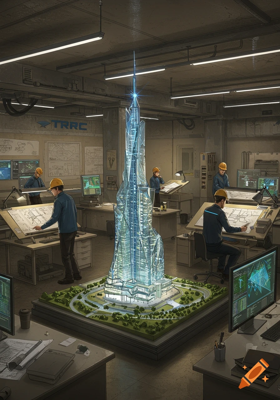 Architects and engineers work on a large, illuminated skyscraper model in a detailed industrial-style office.