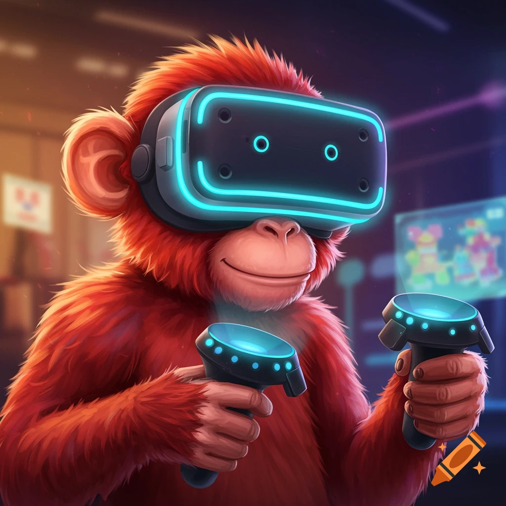 A cute red-furred monkey wearing a VR headset and holding two VR controllers, rendered in a digital art style.