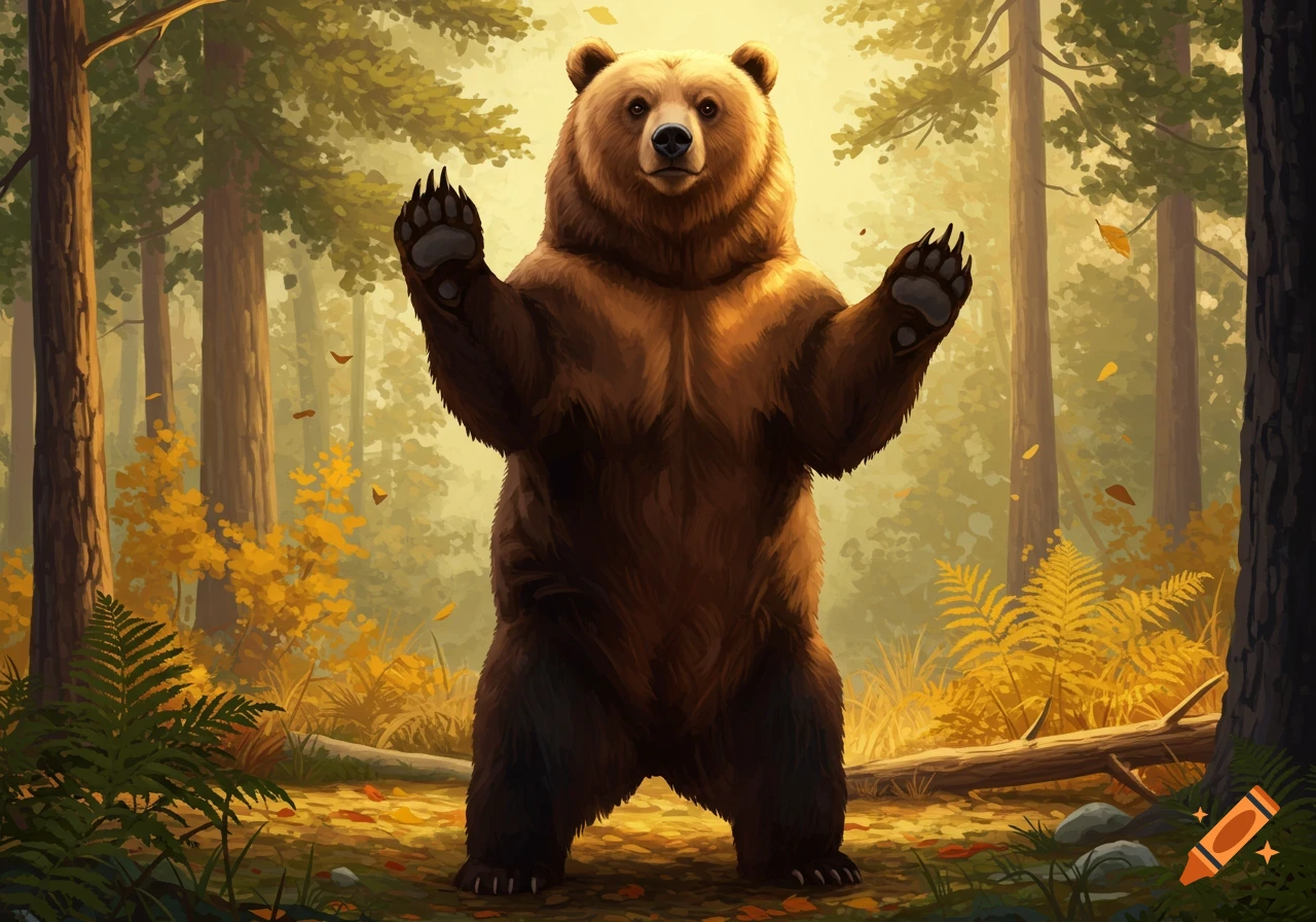A brown bear stands on its hind legs in a sunlit forest, with front paws raised, as if waving. Autumn leaves are scattered on the ground.