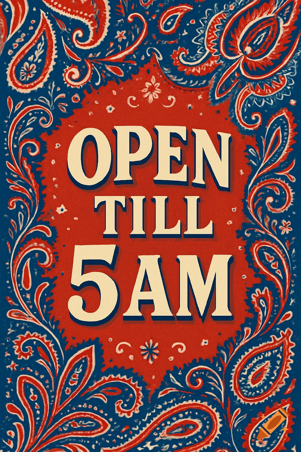 A red and blue paisley patterned poster with the text 'OPEN TILL 5 AM' in the center.