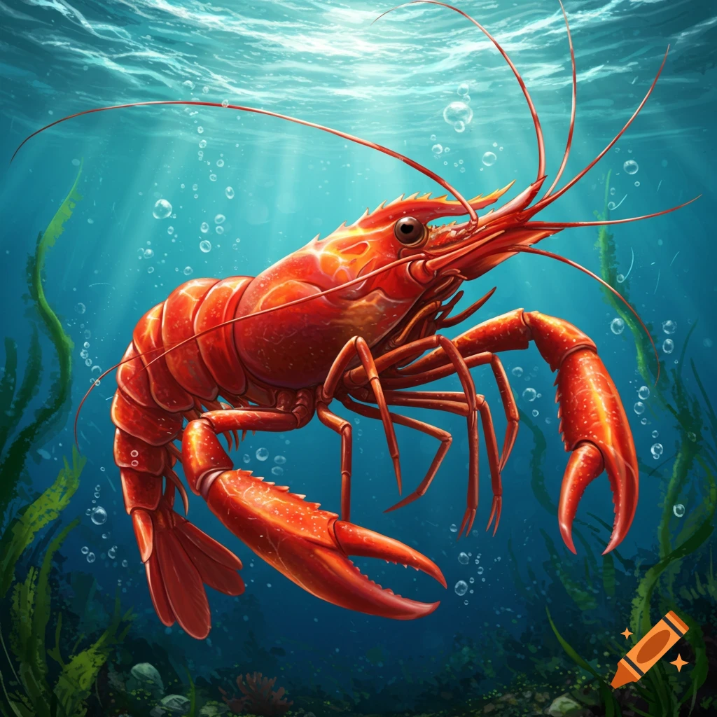 A vibrant red shrimp with large claws swims underwater, surrounded by green seaweed and bubbles, in a stylized illustration.